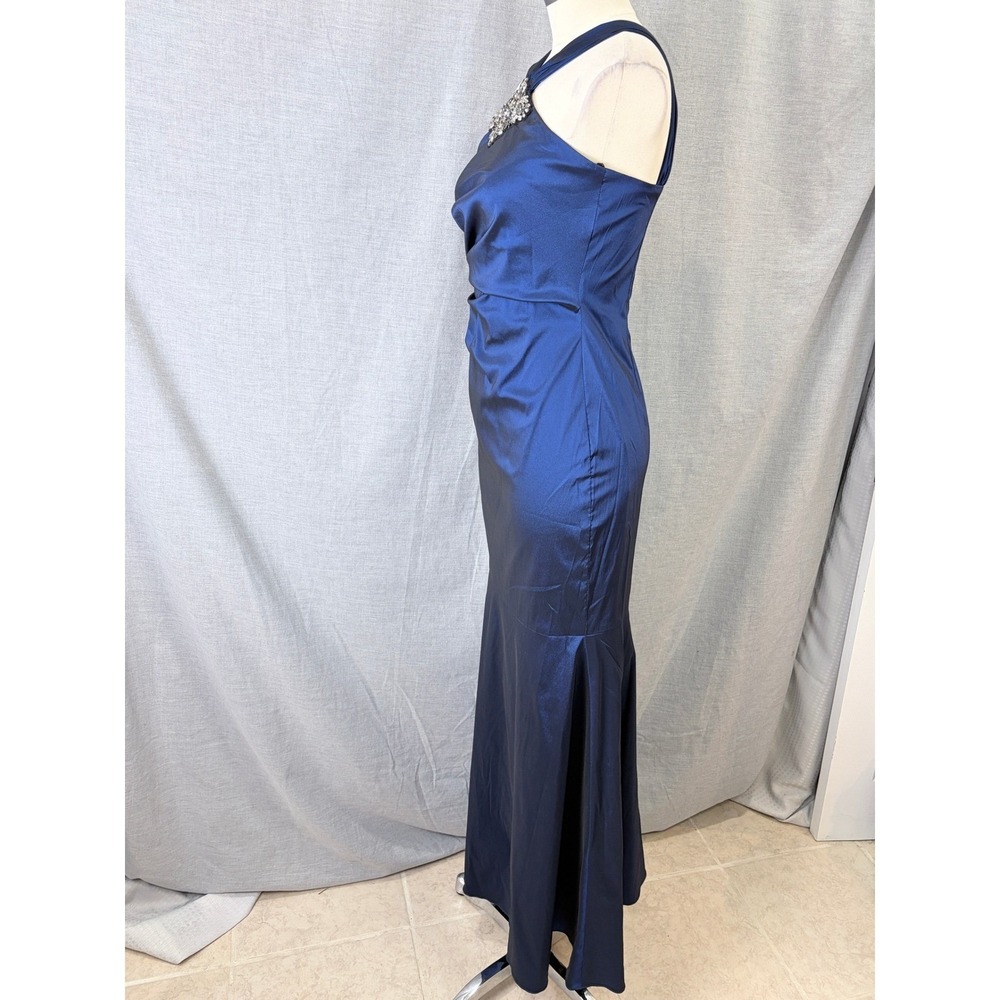David Meister Sapphire Blue Jewel Embellished Halter Mermaid Gown 4 - Picture 7 of 11